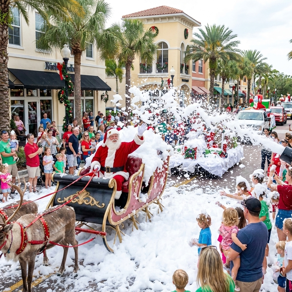 Santa and families enjoying a Let It Snow holiday parade